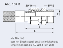 wie Abb. 107,  aber mit Einschraubteil aus Stahl mit Rohraussengewinde nach EN ISO 228-1 (DIN 259)