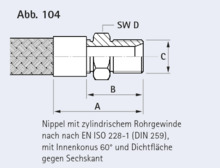 Nippel mit zylindrischem Rohrgewinde  nach nach EN ISO 228-1 (DIN 259),  mit Innenkonus 60° und Dichtfläche gegen Sechskant
