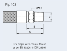 Hex nipple with conical thread as per EN 10226-1 (DIN 2999)