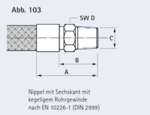 Nippel mit Sechskant mit  kegeligem Rohrgewinde nach EN 10226-1 (DIN 2999)